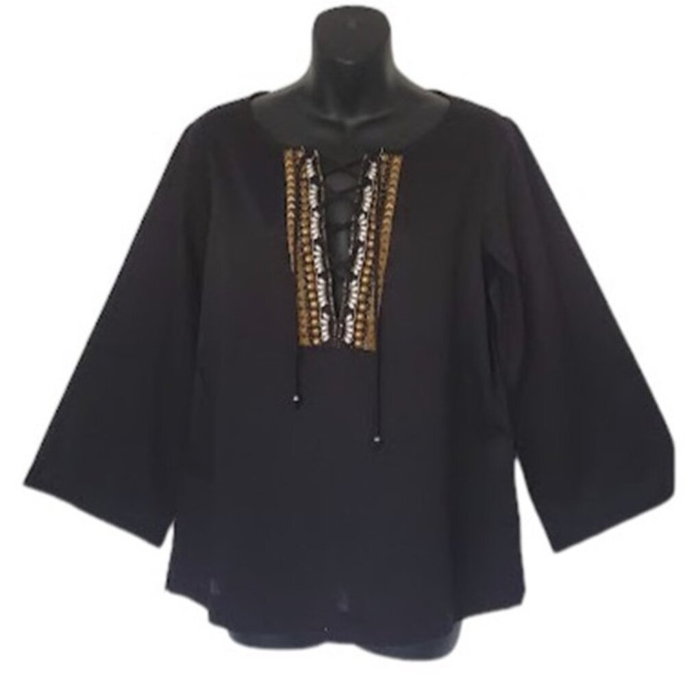 C. Wonder New Black 3/4 Sleeve Lightweight Cotton Stud Neckline Tunic - Size S